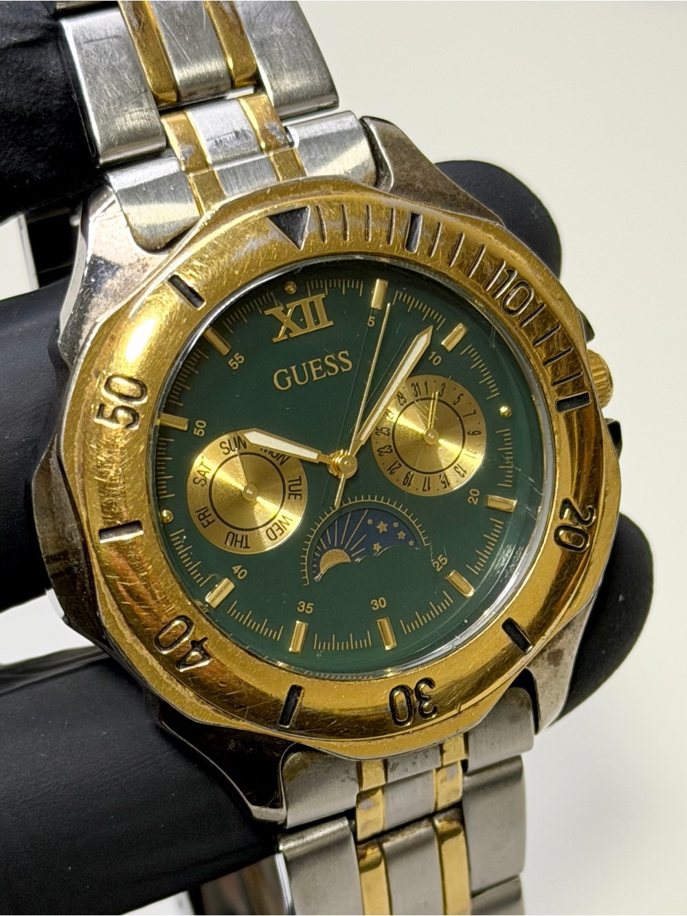 Guess Moon Phase Calendar Green Dial Two-Tone SS Men’s 39mm Vintage Dress Watch